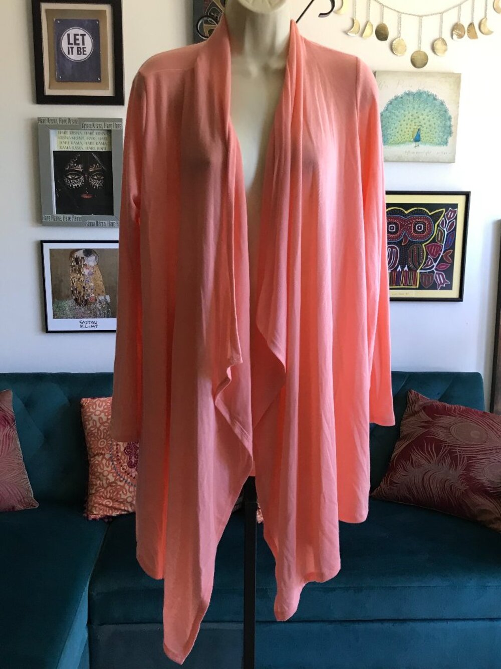 EMERALD size L Peach Open Drape Front Waterfall Lake Cardigan Lightweight NWT